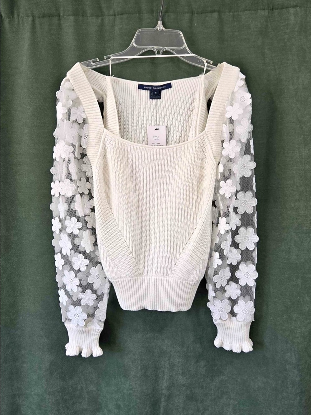 French Connection NWT White Floral Mesh-Sleeve Knit Sweater